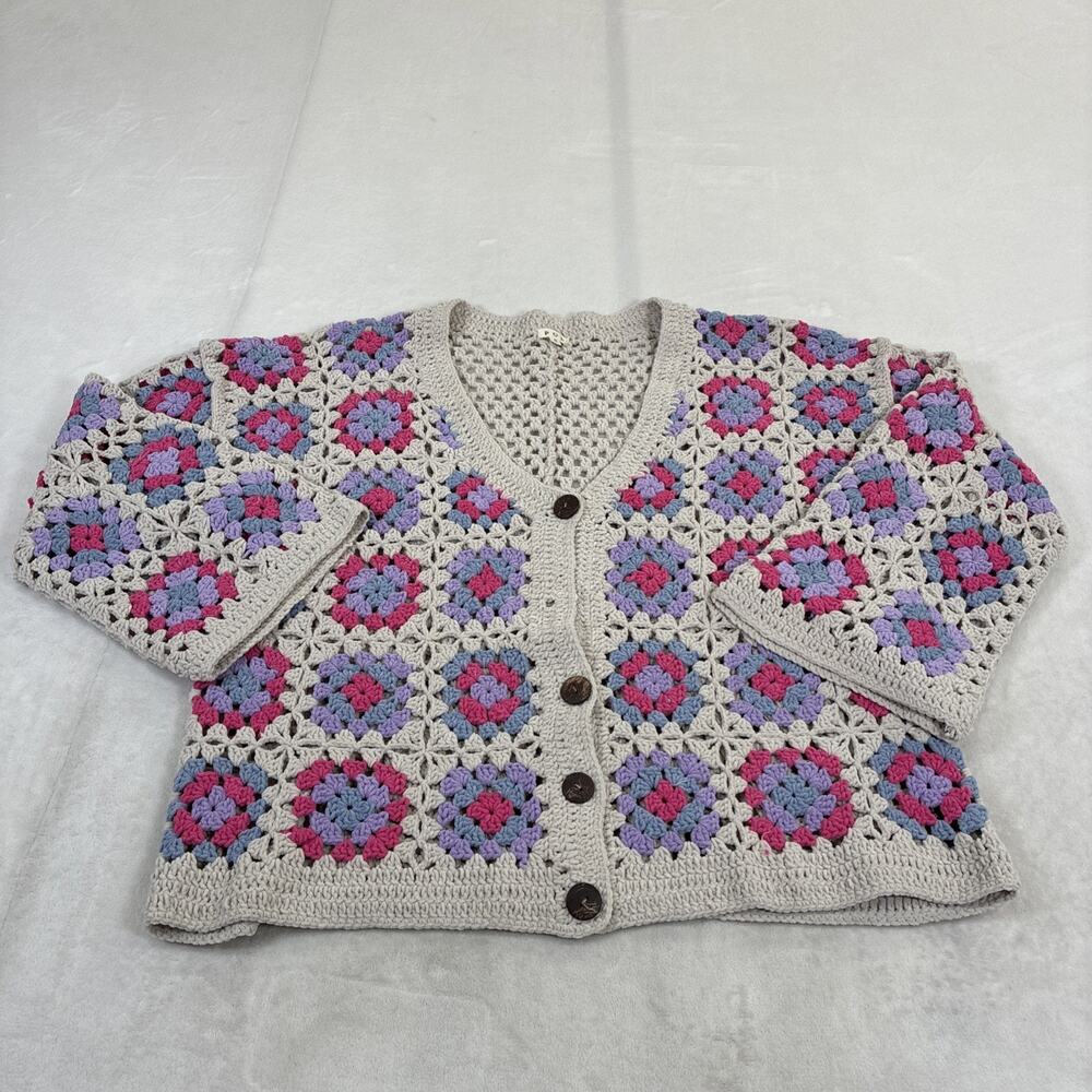 POL Granny Square Crochet Cardigan Sweater Tan, Prpl, Blue, Pink Boho Sz Small - Picture 1 of 11